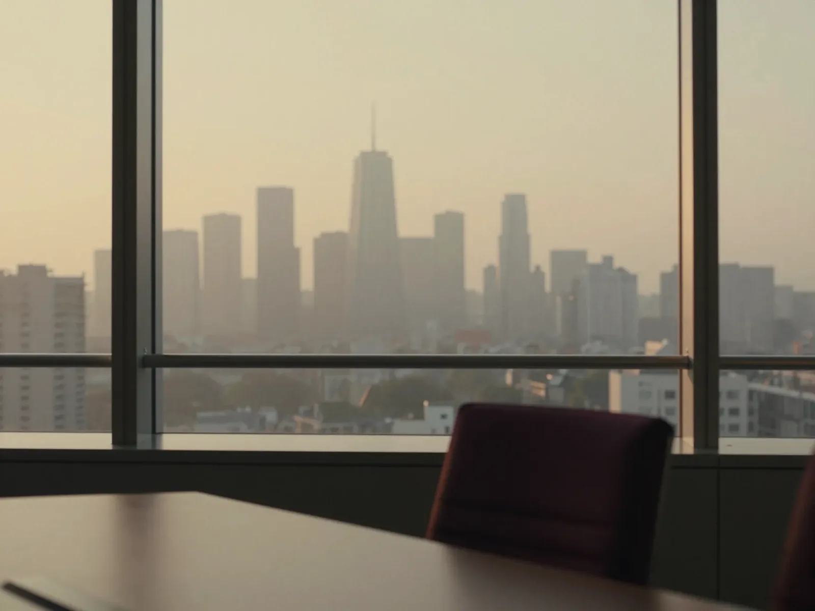 A city skyline at dawn, seen from a meeting room.