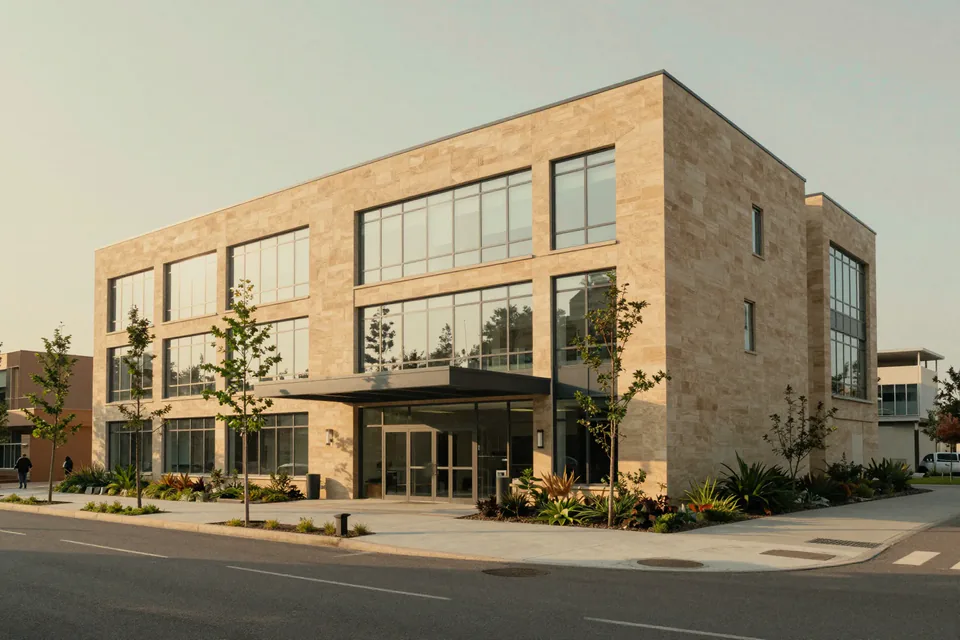 A modern medical center building in morning light.