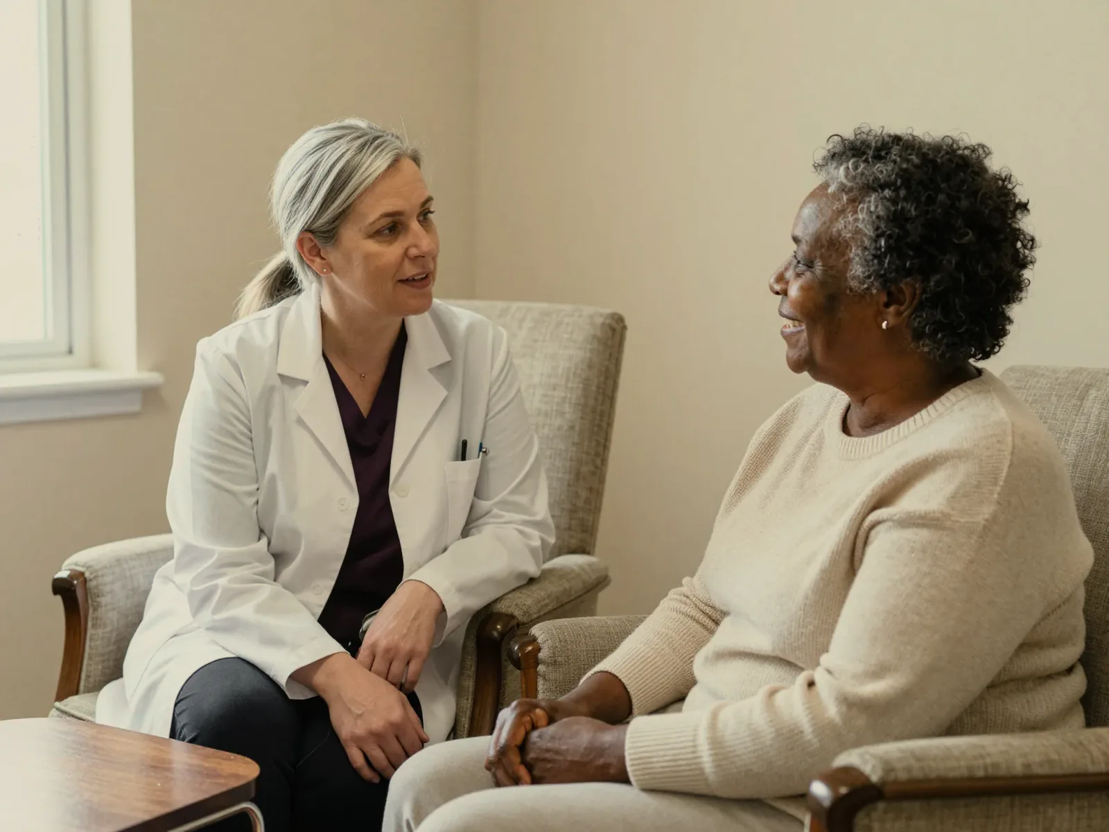 A physician and an older woman talking in armchairs in a quiet consulting room.