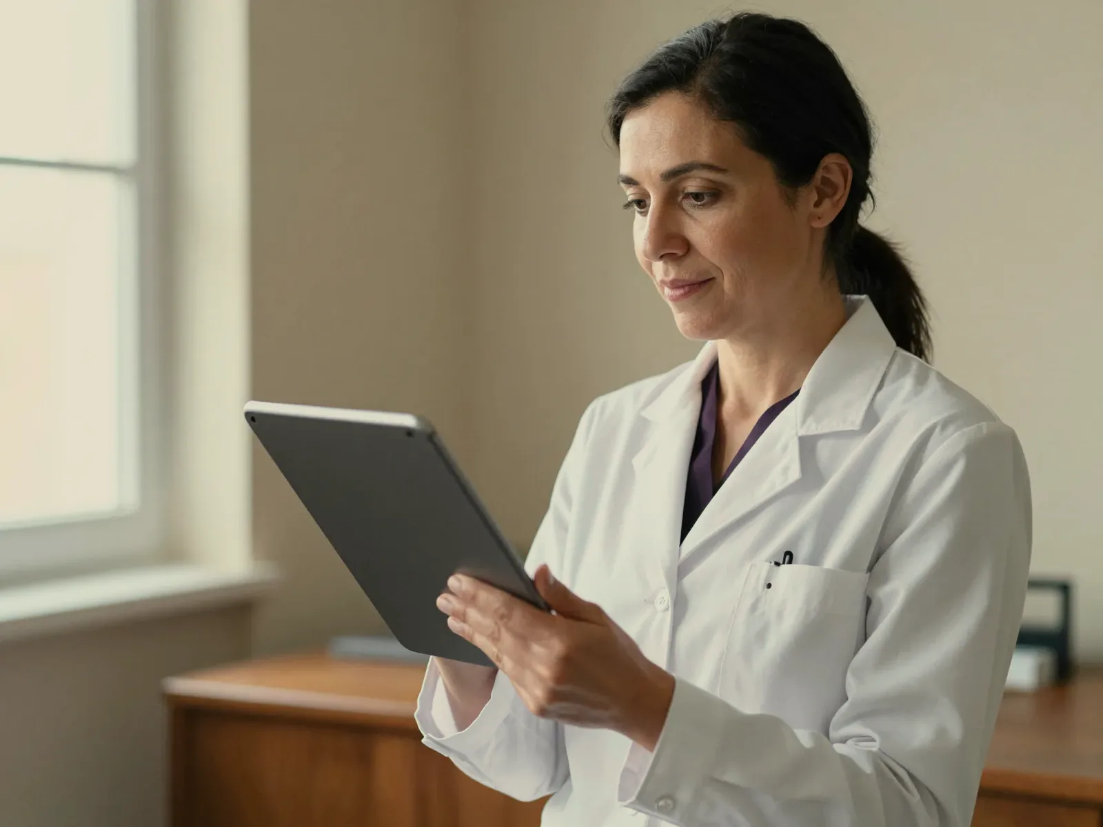 A physician reading a tablet beside a window.