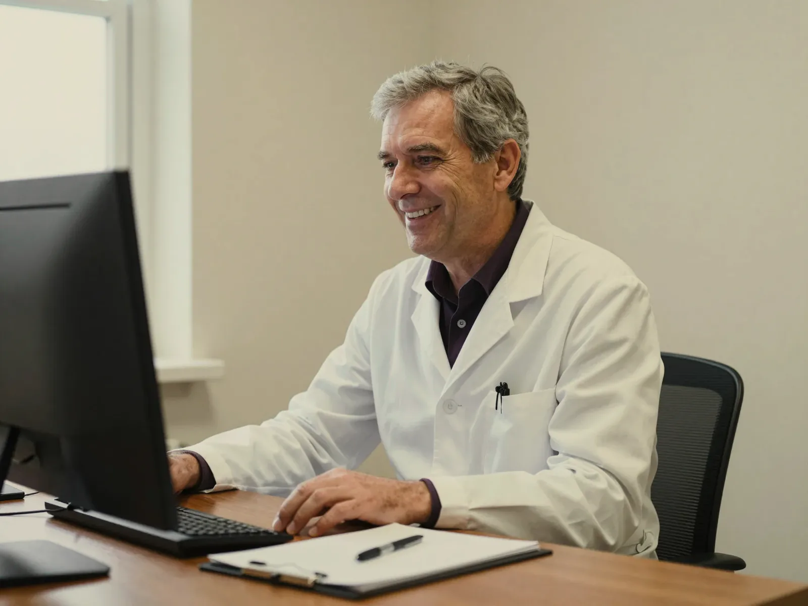 A smiling physician working at a computer at a desk.
