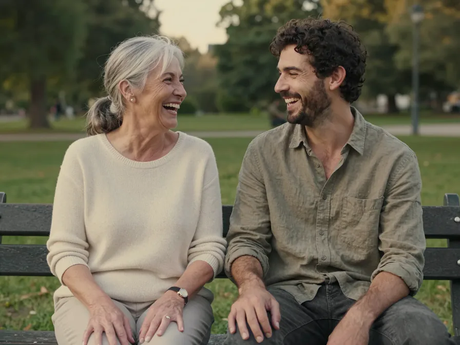 A mother and her adult son laughing together on a park bench.