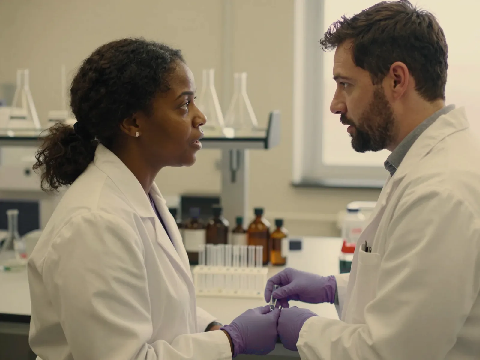Two scientists in lab coats talking at a laboratory bench.