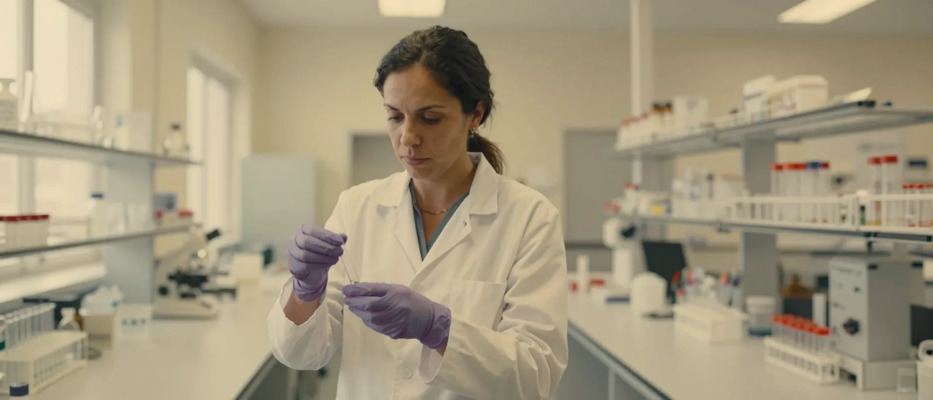 A scientist in a lab coat handling a tube at a laboratory bench.