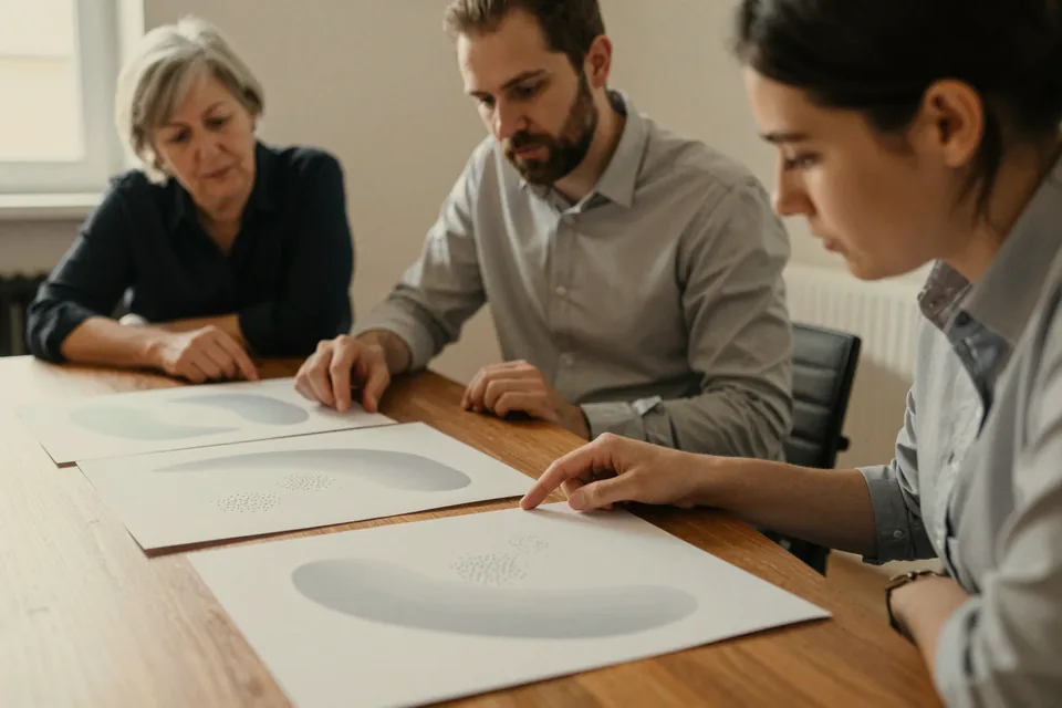 Three researchers reviewing printed charts at a table.