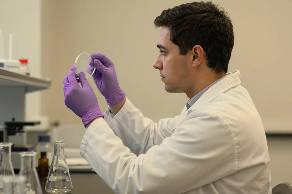 A researcher holding a petri dish up to the light.
