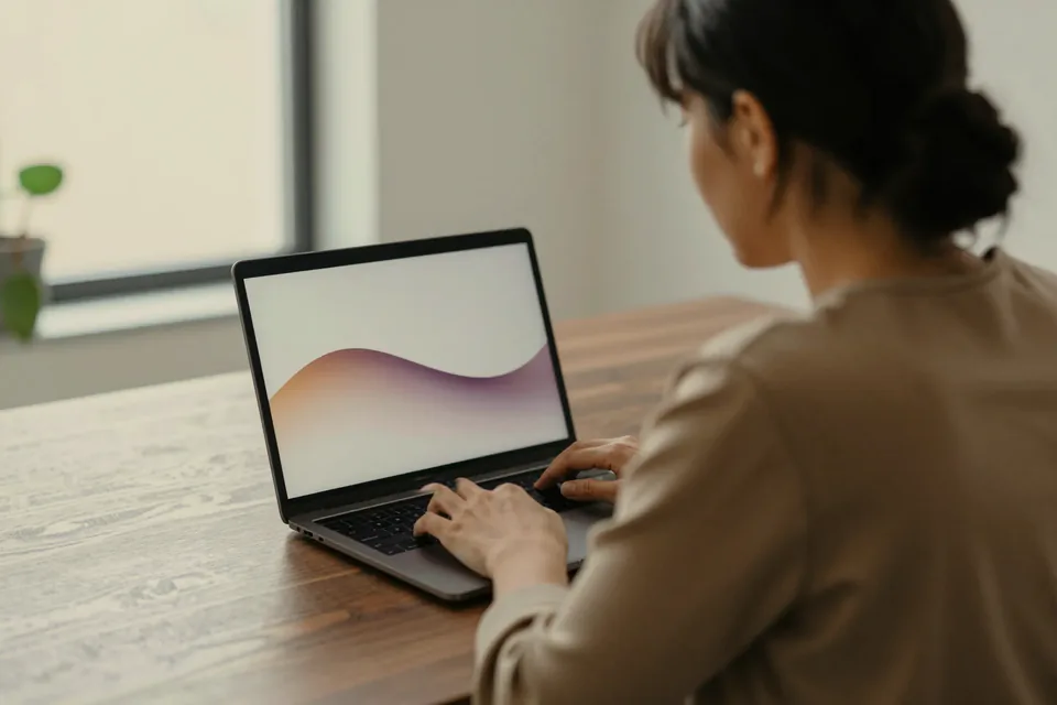 A woman working at a laptop that shows a curve.